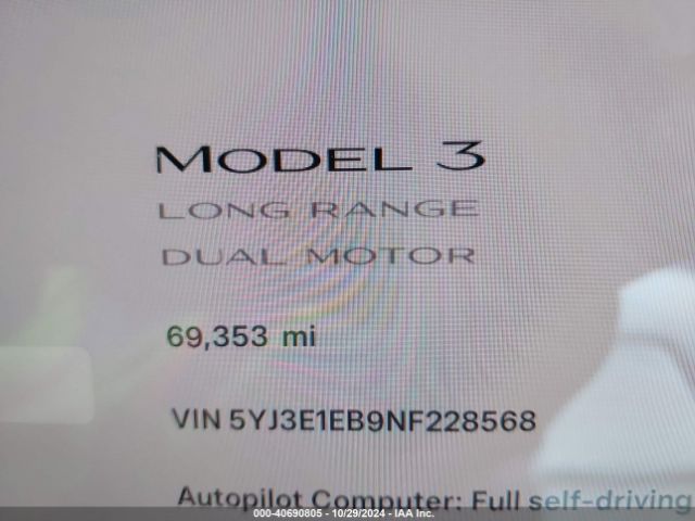 5YJ3E1EB9NF228568 Tesla Model 3 Long Range Dual Motor All-wheel Drive