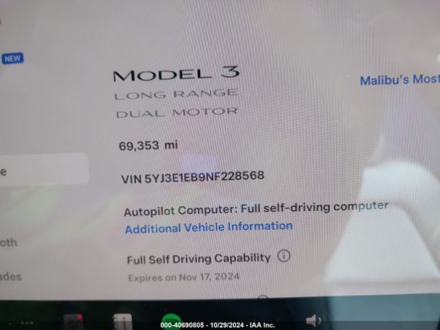 5YJ3E1EB9NF228568 Tesla Model 3 Long Range Dual Motor All-wheel Drive