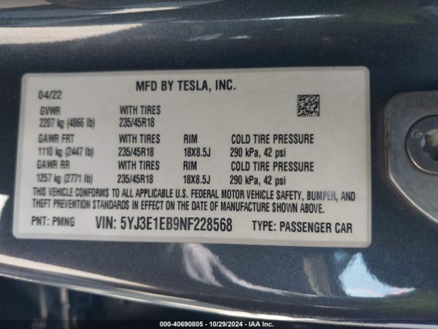 5YJ3E1EB9NF228568 Tesla Model 3 Long Range Dual Motor All-wheel Drive