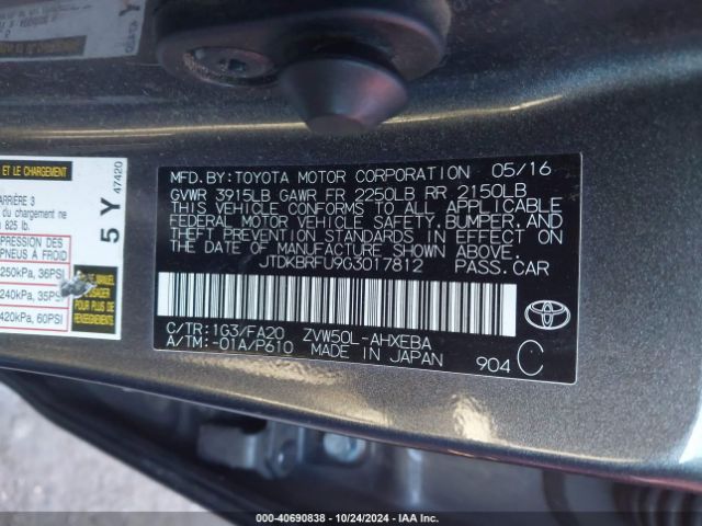 JTDKBRFU9G3017812 Toyota Prius Two