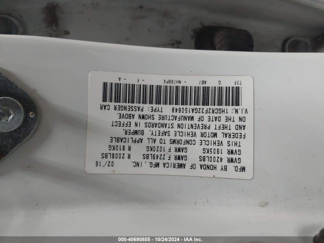 Honda ACCORD LX 2016 1HGCR2F32GA150648 Image 9