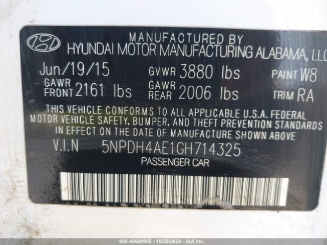 5NPDH4AE1GH714325 Hyundai ELANTRA SE