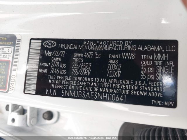 5NMJB3AE3NH110641 Hyundai TUCSON SEL