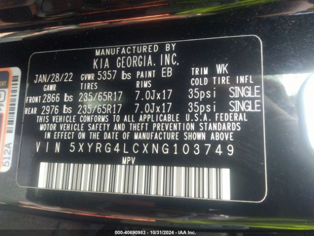 5XYRG4LCXNG103749 KIA SORENTO LX