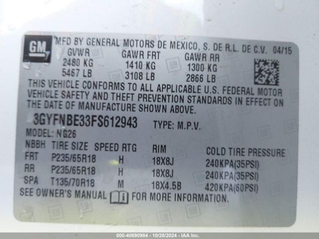 3GYFNBE33FS612943 Cadillac Srx Luxury Collection
