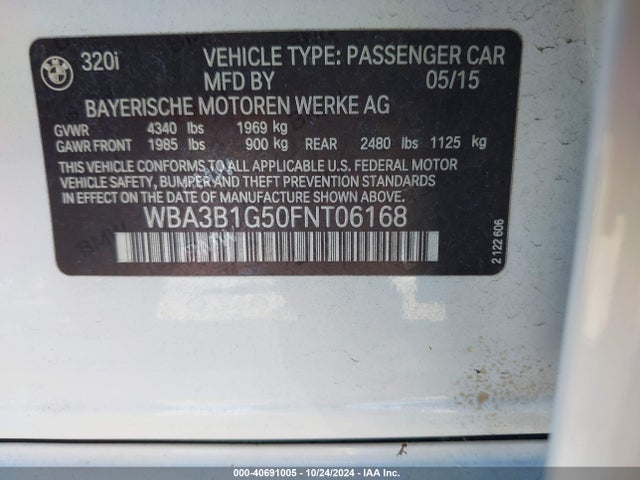 Продажа на аукционе авто 2015 Bmw 320i, vin: WBA3B1G50FNT06168, номер лота: 40691005