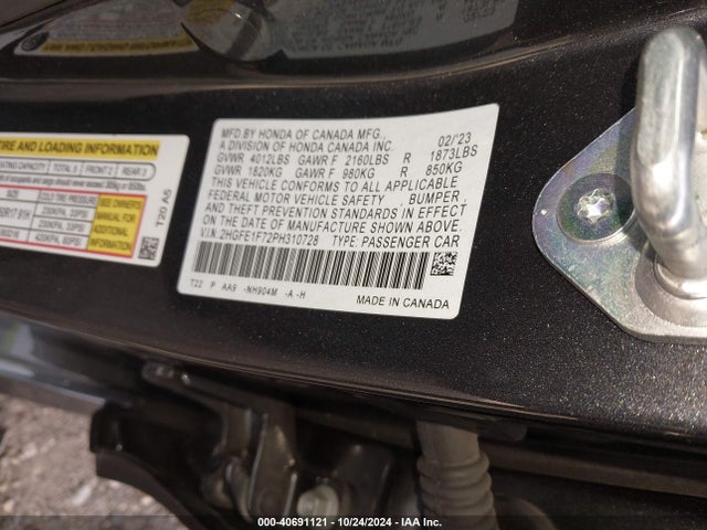 Honda Civic Ex /ex W/o Bsi 2023 2HGFE1F72PH310728 Image 9