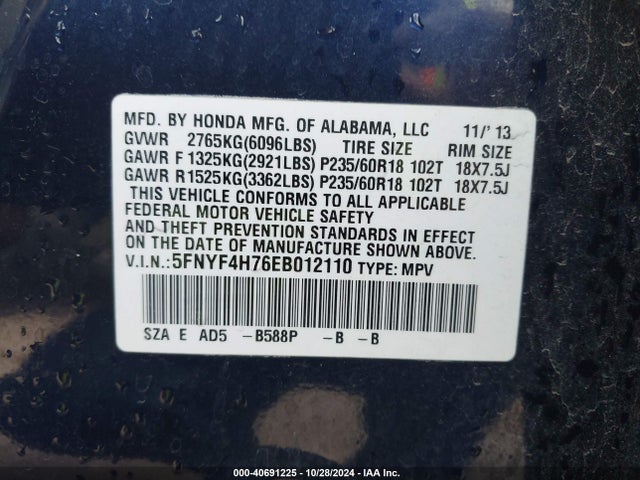 Honda Pilot Ex-l 2014 5FNYF4H76EB012110 Image 9