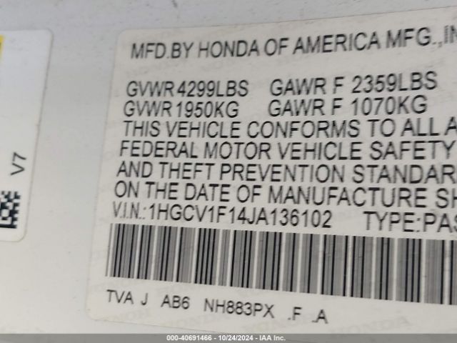 1HGCV1F14JA136102 Honda ACCORD LX