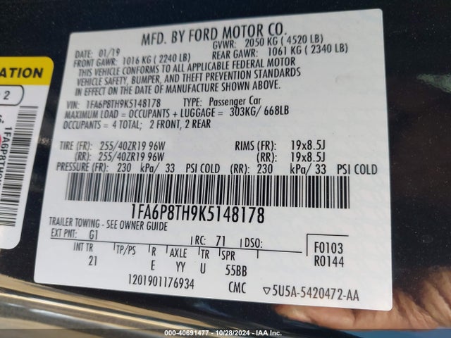 Ford Mustang Ecoboost 2019 1FA6P8TH9K5148178 Image 9