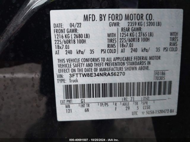 3FTTW8E34NRA56270 Ford Maverick Lariat