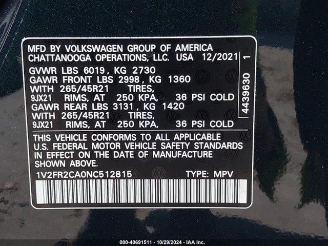 1V2FR2CA0NC512815 Volkswagen Atlas 3.6l V6 Sel Premium R-line
