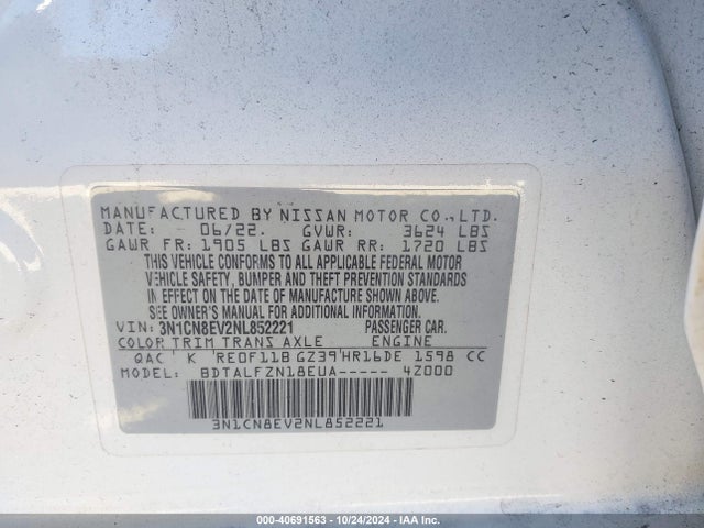 Nissan Versa 1.6 Sv Xtronic Cvt 2022 3N1CN8EV2NL852221 Image 9