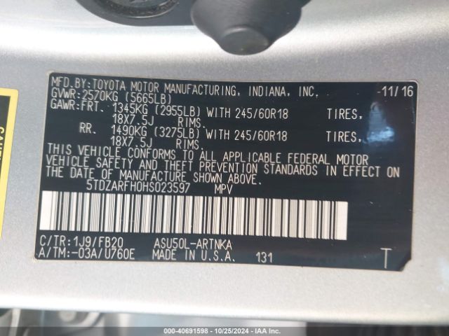 5TDZARFH0HS023597 Toyota Highlander Le