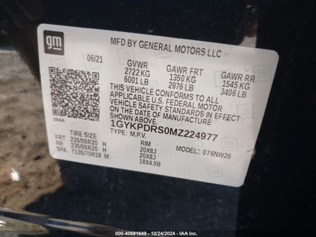 1GYKPDRS0MZ224977 Cadillac Xt6 Premium Luxury
