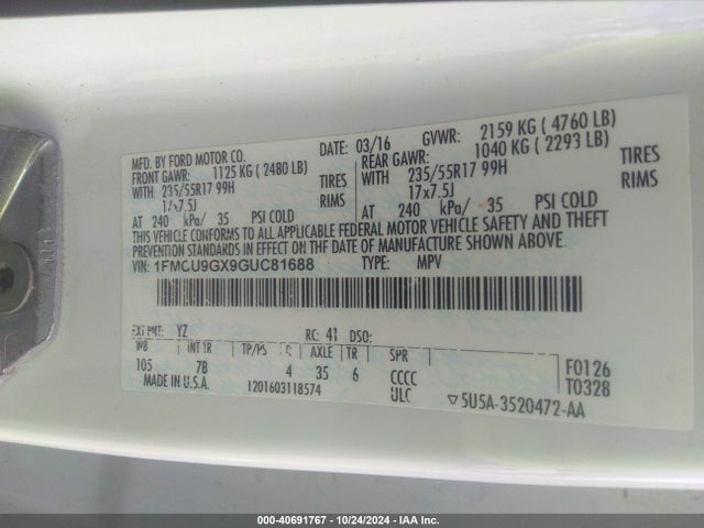 Ford ESCAPE SE 2016 1FMCU9GX9GUC81688 Image 9