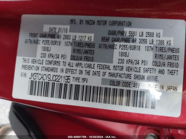 JM3TCACY9J0221195 Mazda Cx-9 Touring