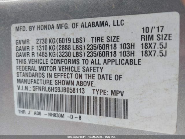 5FNRL6H59JB058113 Honda ODYSSEY EX