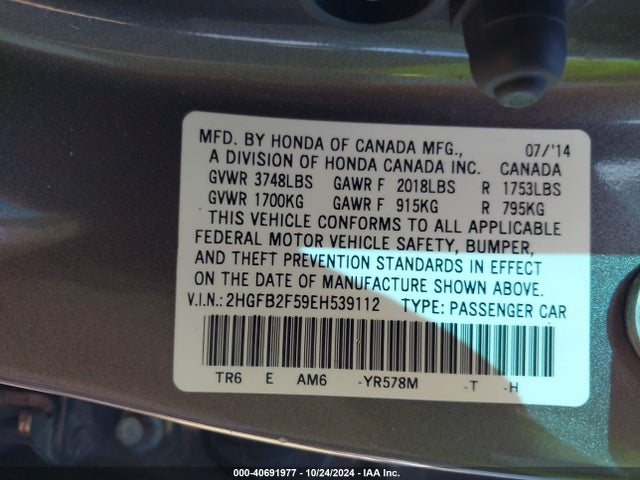 Honda Civic Lx 2014 2HGFB2F59EH539112 Image 9