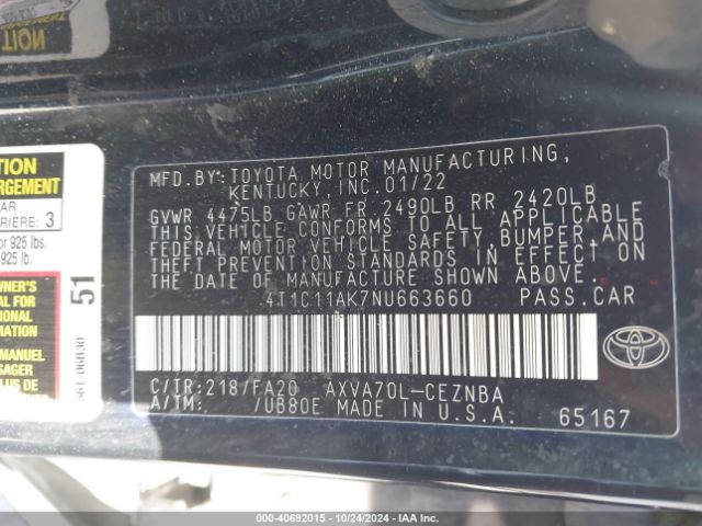 4T1C11AK7NU663660 Toyota CAMRY LE