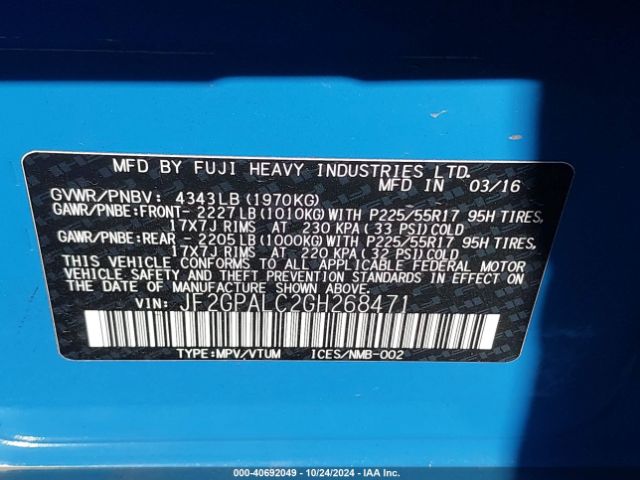 JF2GPALC2GH268471 Subaru Crosstrek 2.0i Limited