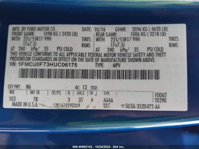 1FMCU0F73HUC06175 Ford ESCAPE S