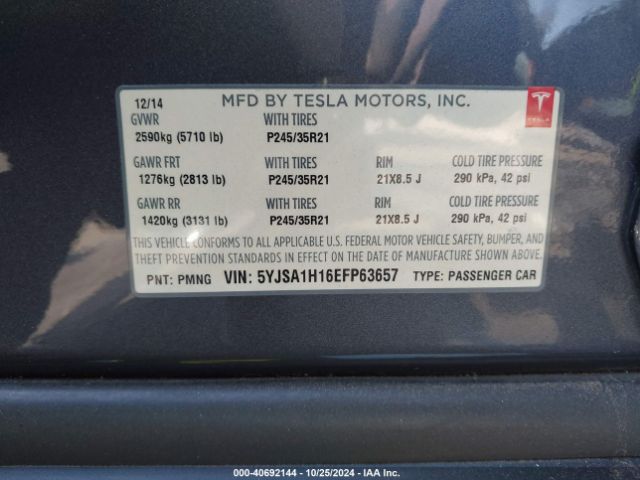 5YJSA1H16EFP63657 Tesla Model S P85