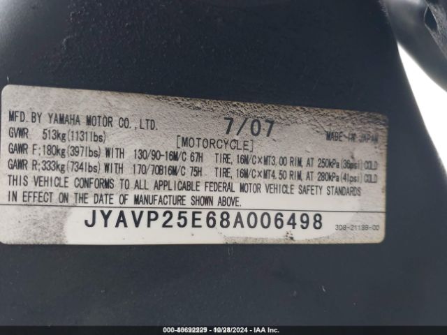 2008 YAMAHA XVS1300 JYAVP25E68A006498 Photo 9