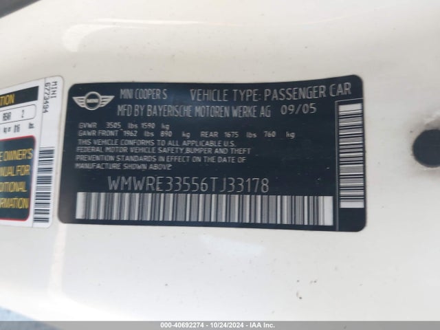 2006 MINI COOPER S WMWRE33556TJ33178 Photo 8