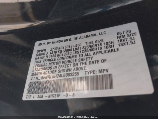 5FNRL6H74LB063255 Honda Odyssey Ex-l/ex-l W/navi   Res