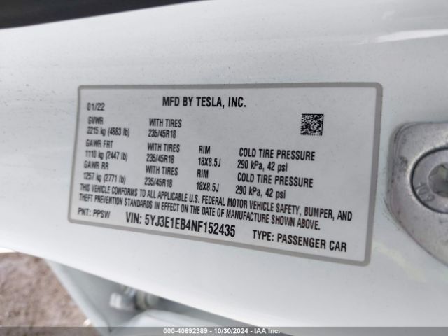 2022 TESLA MODEL 3 5YJ3E1EB4NF152435 Photo 8