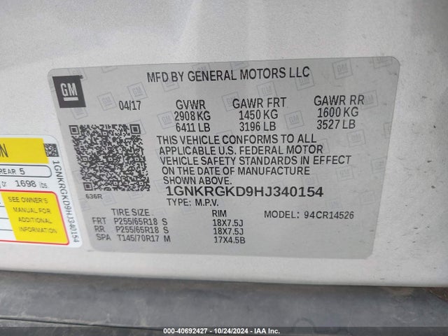 Chevrolet Traverse 1lt 2017 1GNKRGKD9HJ340154 Image 9