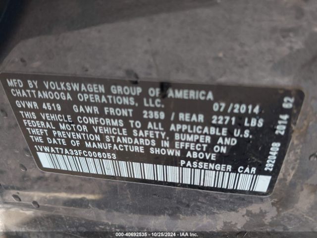 1VWAT7A33FC006053 Volkswagen Passat 1.8t Wolfsburg Edition