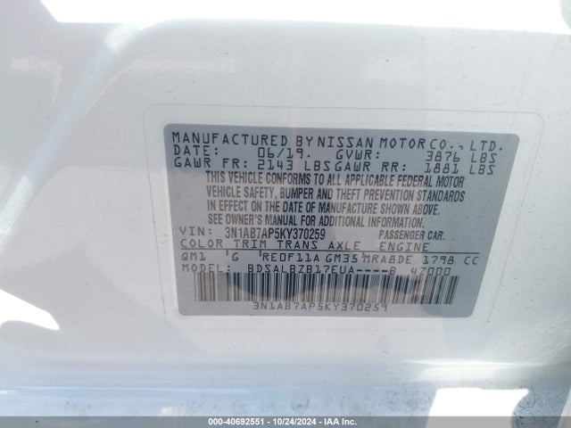 Nissan SENTRA S 2019 3N1AB7AP5KY370259 Image 9