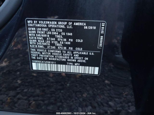 1V2KR2CA7JC581011 Volkswagen Atlas 3.6l V6 Se
