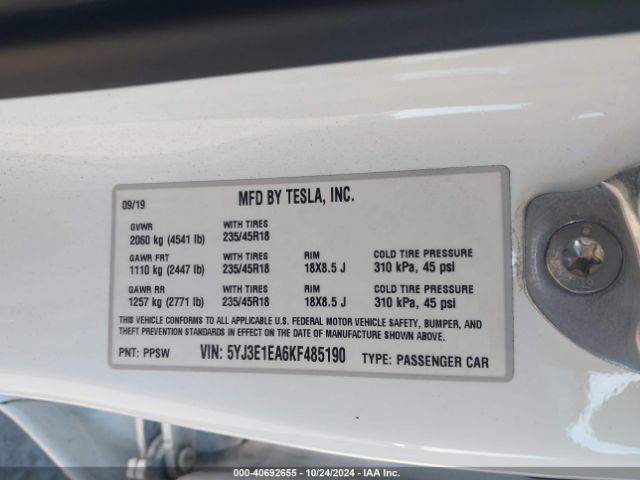 5YJ3E1EA6KF485190 Tesla MODEL 3