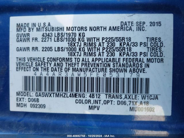 4A4AR3AW5FE053179 Mitsubishi Outlander Sport Es