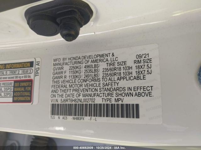 5J6RT6H82NL002702 Honda Cr-v Hybrid Ex-l
