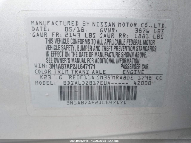 Nissan SENTRA SV 2018 3N1AB7AP2JL647171 Image 9