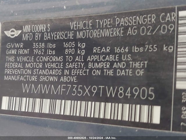 2009 MINI COOPER S WMWMF735X9TW84905 Photo 8