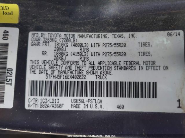5TFHW5F16EX402022 Toyota Tundra Limited 5.7l V8
