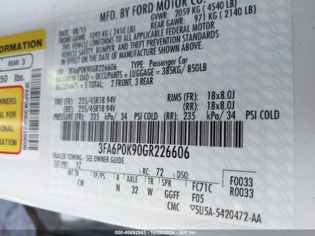 3FA6P0K90GR226606 Ford Fusion Titanium