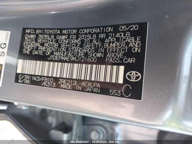 JTDEPMAE9MJ121600 Toyota COROLLA LE