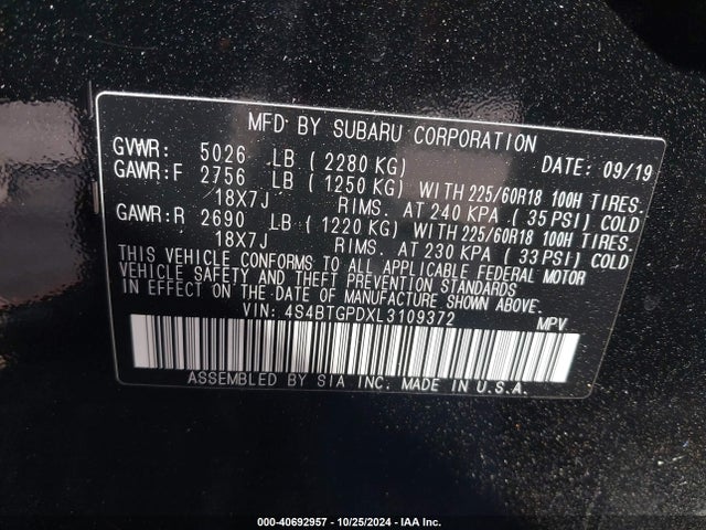 Subaru Outback Touring Xt 2020 4S4BTGPDXL3109372 Image 9