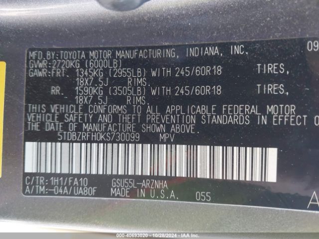 5TDBZRFH0KS730099 Toyota Highlander Le Plus