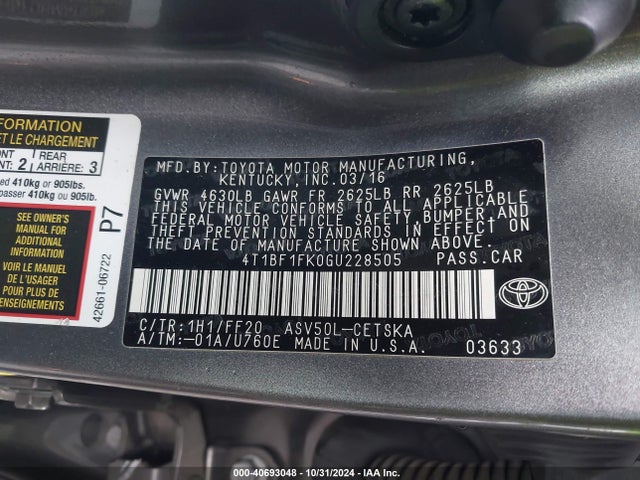 Toyota CAMRY SE 2016 4T1BF1FK0GU228505 Image 9