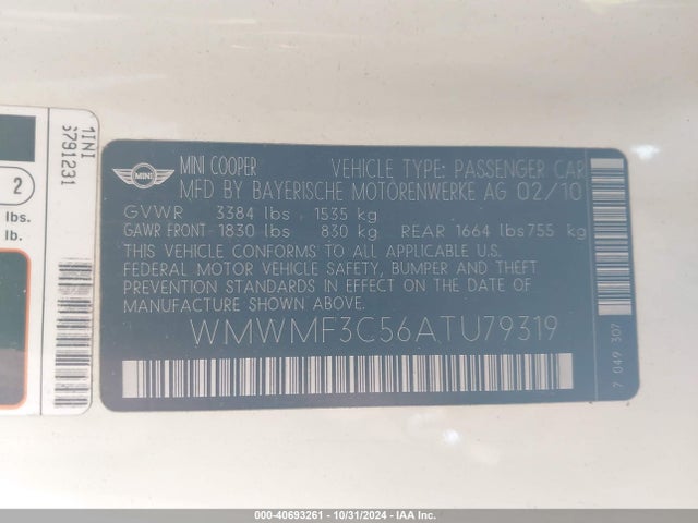 2010 MINI COOPER WMWMF3C56ATU79319 Photo 8