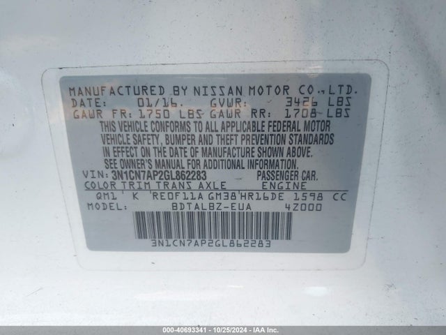 Nissan Versa 1.6 Sv 2016 3N1CN7AP2GL862283 Image 9