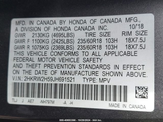 2HKRW2H59JH691521 Honda CR-V EX
