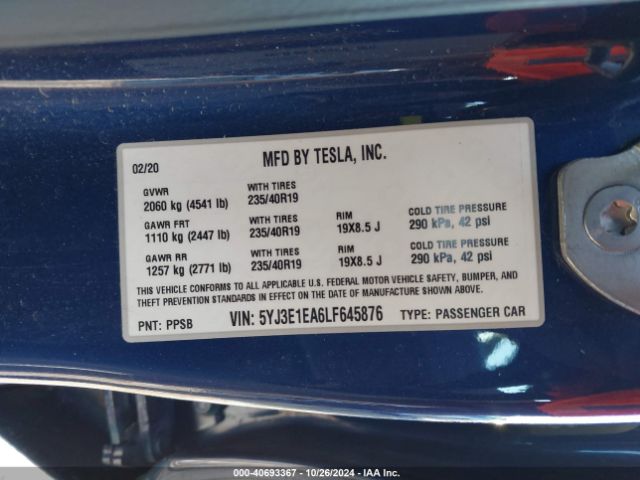 5YJ3E1EA6LF645876 Tesla Model 3 Standard Range Plus Rear-wheel Drive/standard Range Rear-wheel Drive
